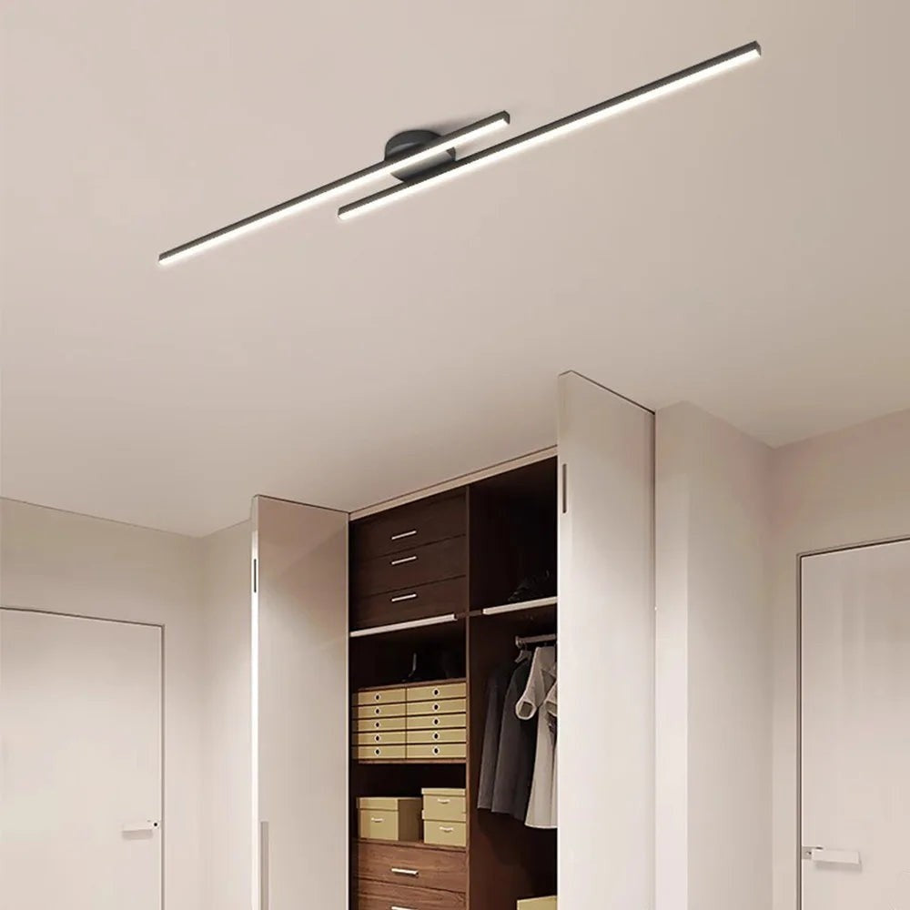 Novoora modern black linear LED ceiling light fixture with a minimalist aluminum design installed in a bedroom.