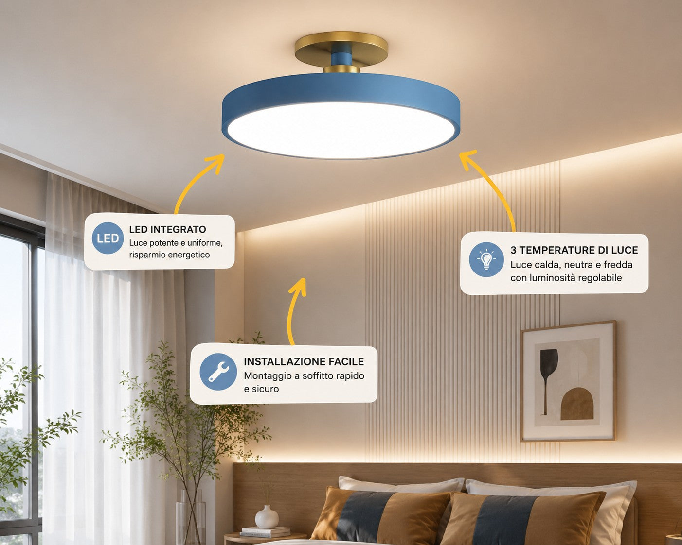 Novoora modern blue and gold LED ceiling light with dimmable settings installed in a minimalist bedroom.