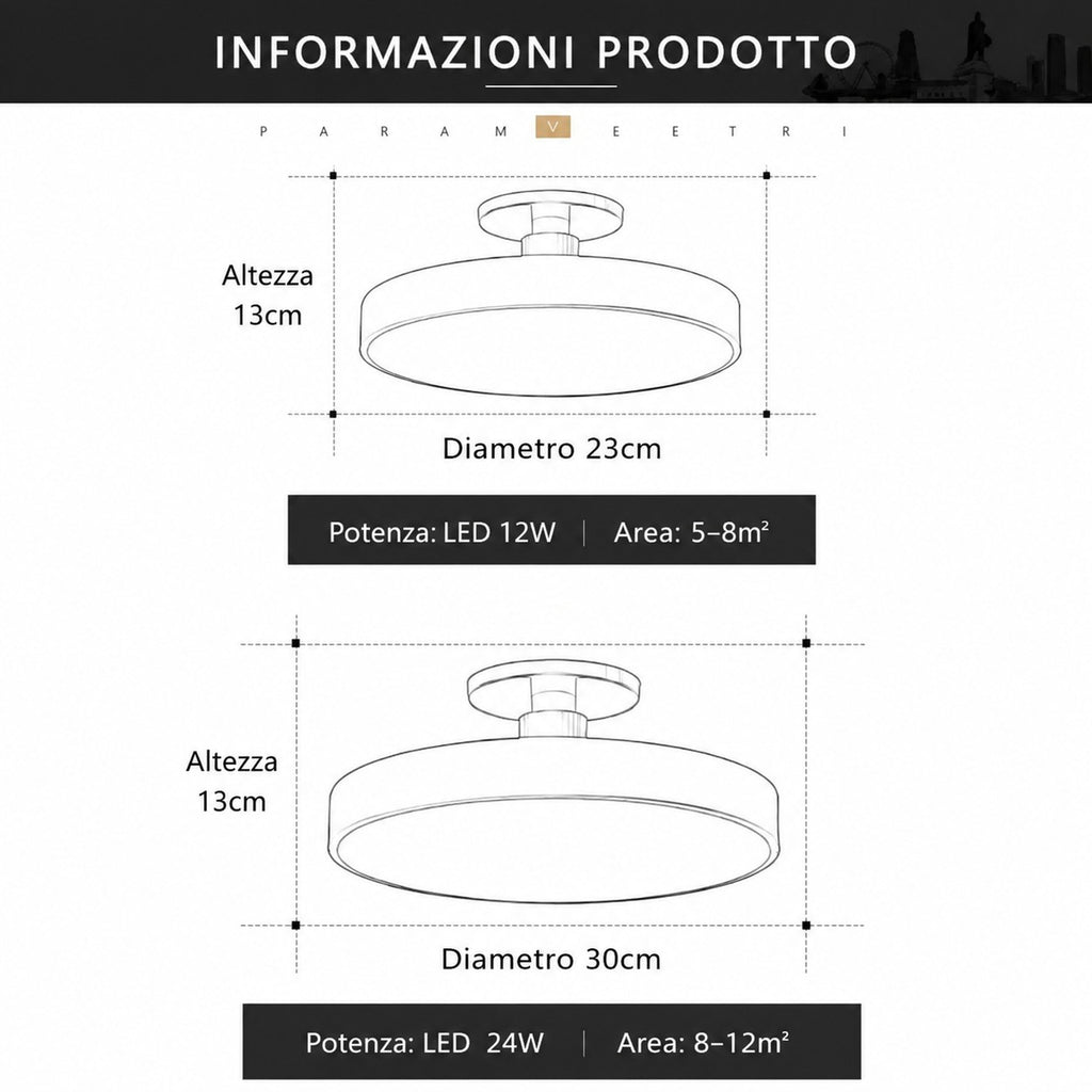 Novoora Macaron LED ceiling light technical diagram showing dimensions for 23cm and 30cm diameter models