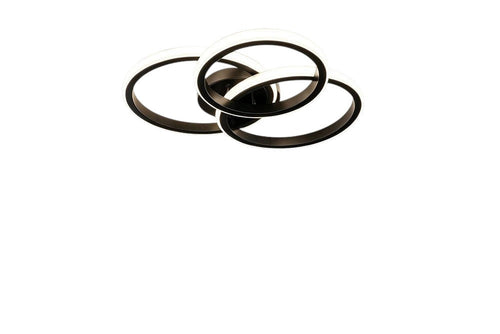 Novoora modern LED ceiling light with three interlocking black rings installed above a contemporary grey bed.