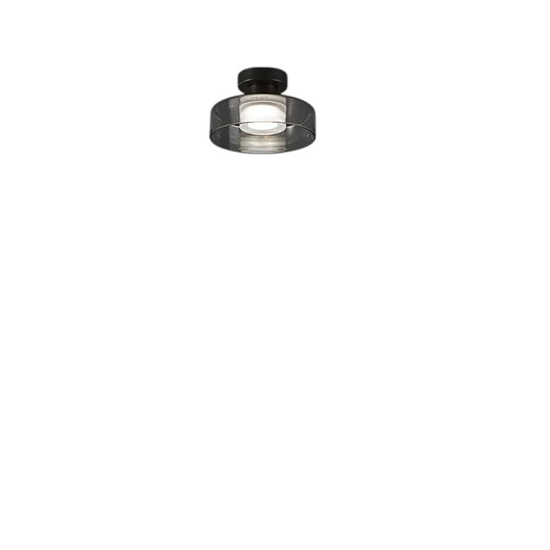 Novoora smoked glass LED ceiling light with a black iron base, installed in a modern minimalist hallway.