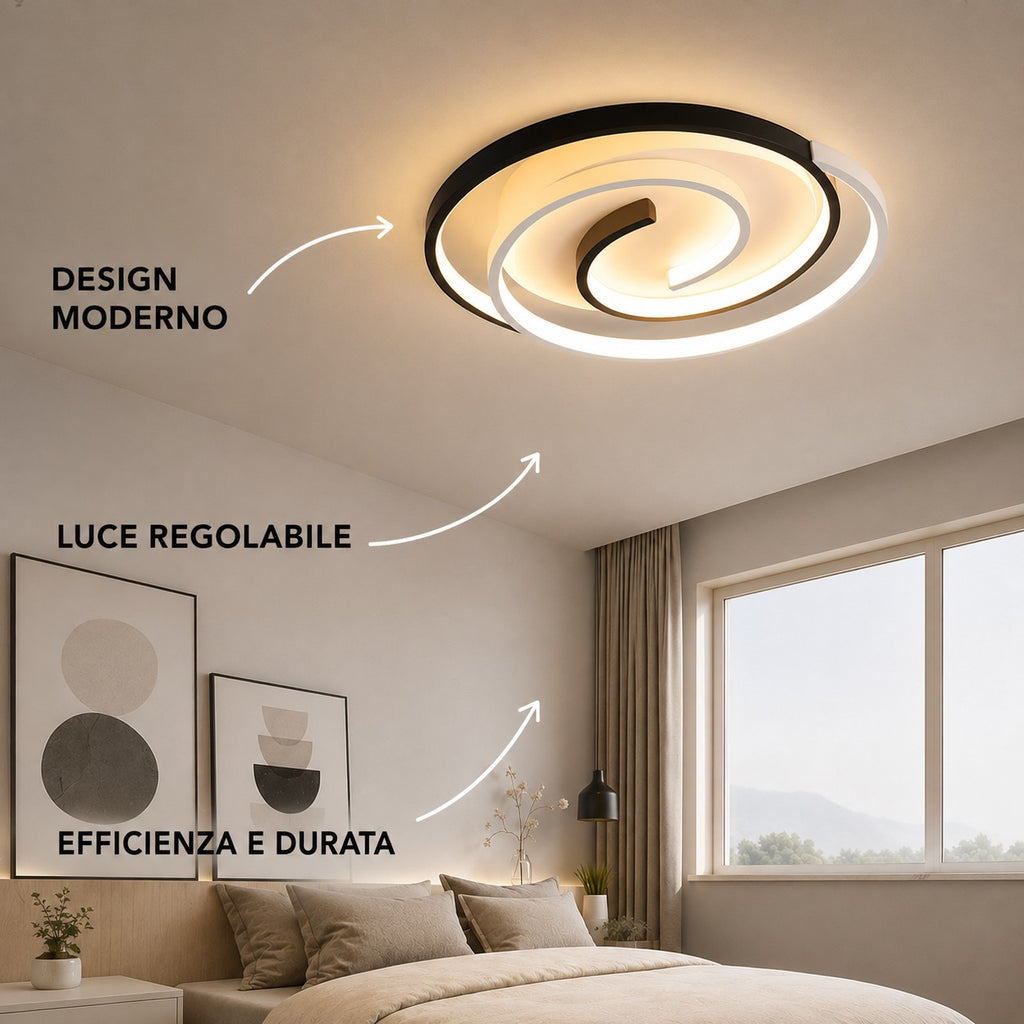Novoora modern spiral LED ceiling light with adjustable brightness, mounted in a minimalist bedroom interior.