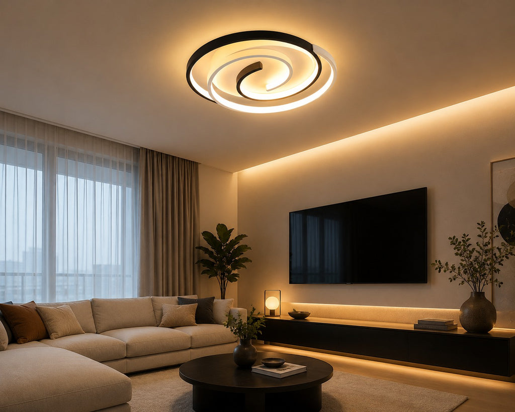 Novoora modern spiral LED ceiling light in a minimalist living room with warm ambient lighting.